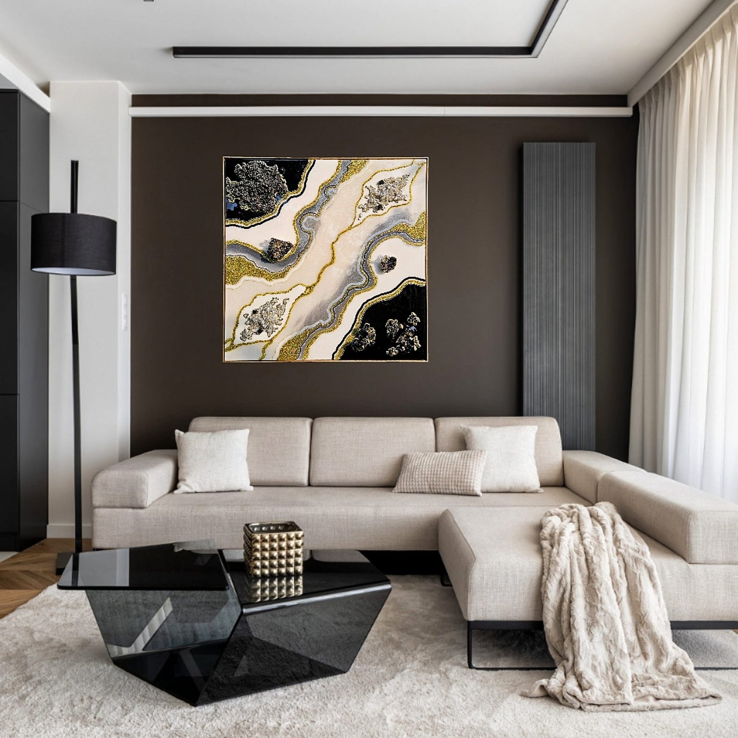 #un tablou mare din rasina pe tonuri de auriu si negru cu rama din lemn aurie# - #albresinart#