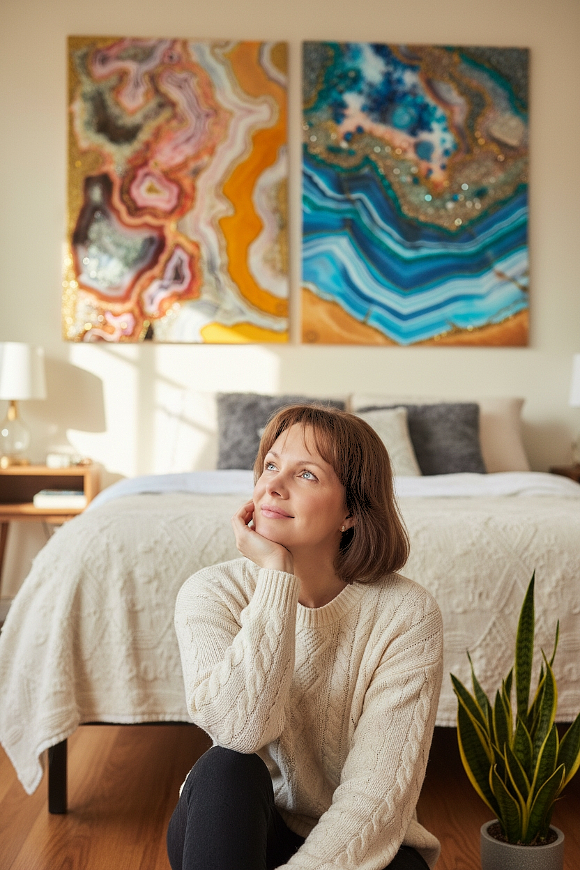 Tablou geode din rasina epoxidica in nuante de albastru turcoaz si auriu